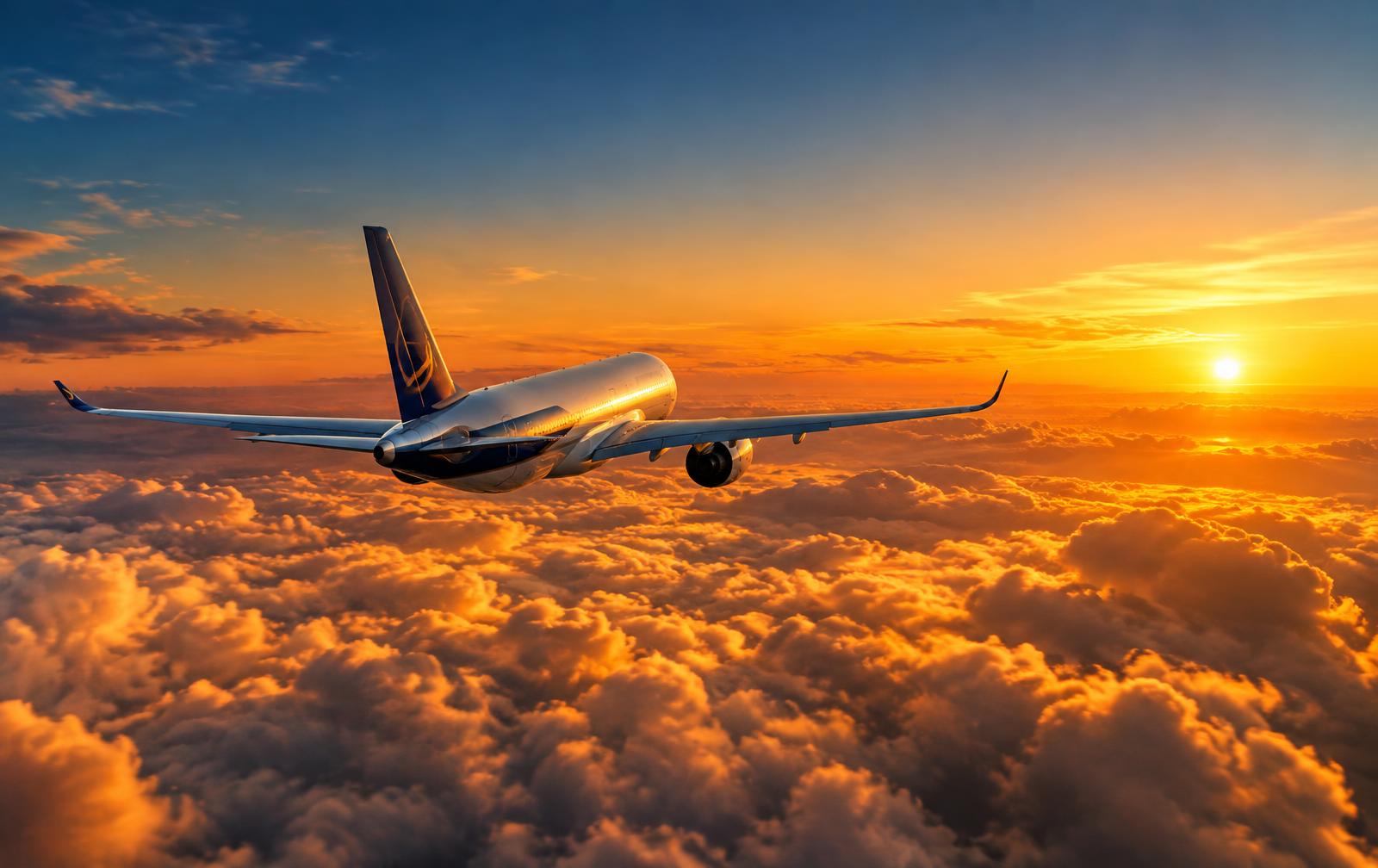Airplane flying above sunset clouds
